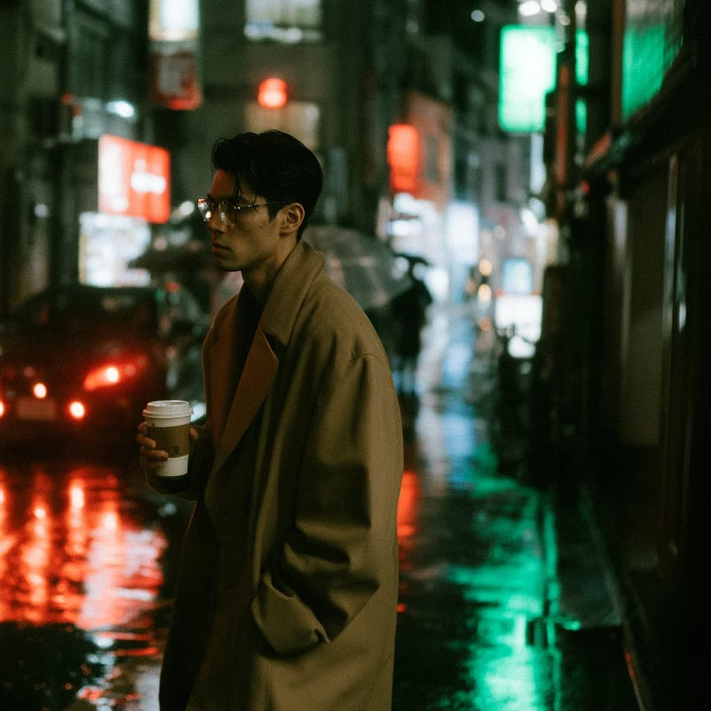 Midjourney V8.2 street portrait with Raw off, showing a man in a camel coat holding a coffee cup