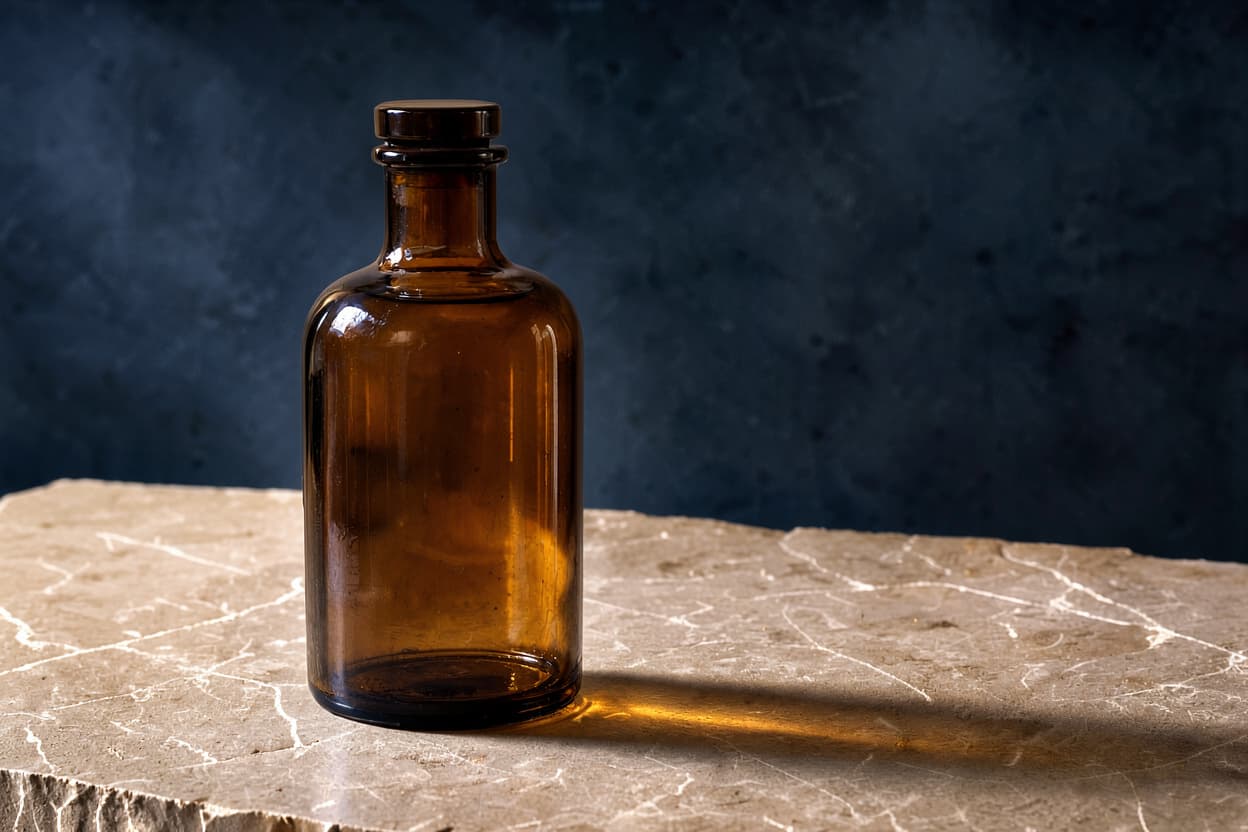 Amber bottle on limestone after changing the background to midnight blue