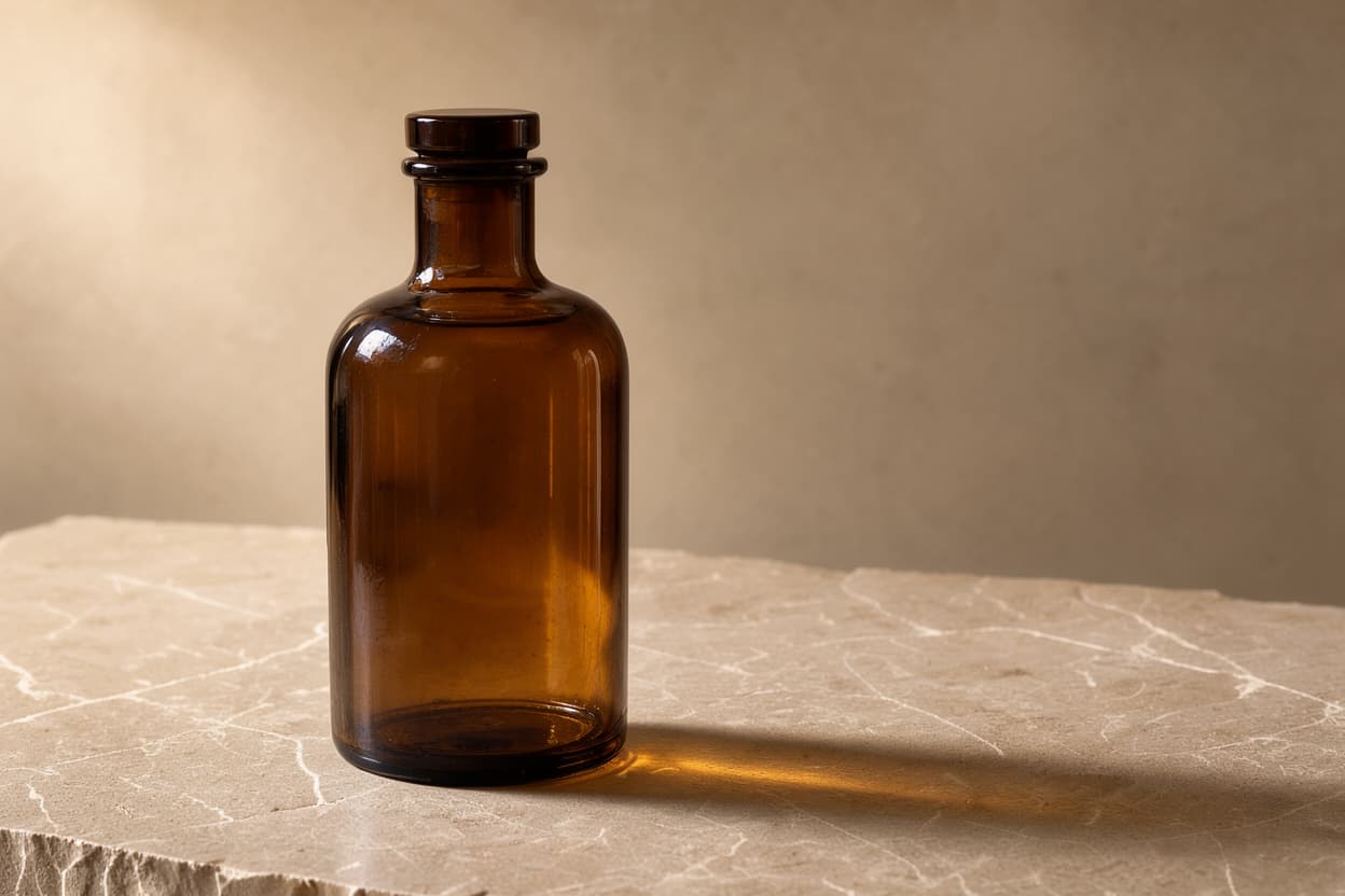 Amber bottle on pale limestone with a warm neutral background