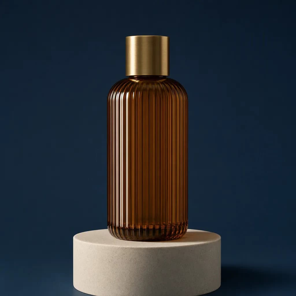 Unlabelled amber perfume bottle on a stone pedestal against a dark blue background
