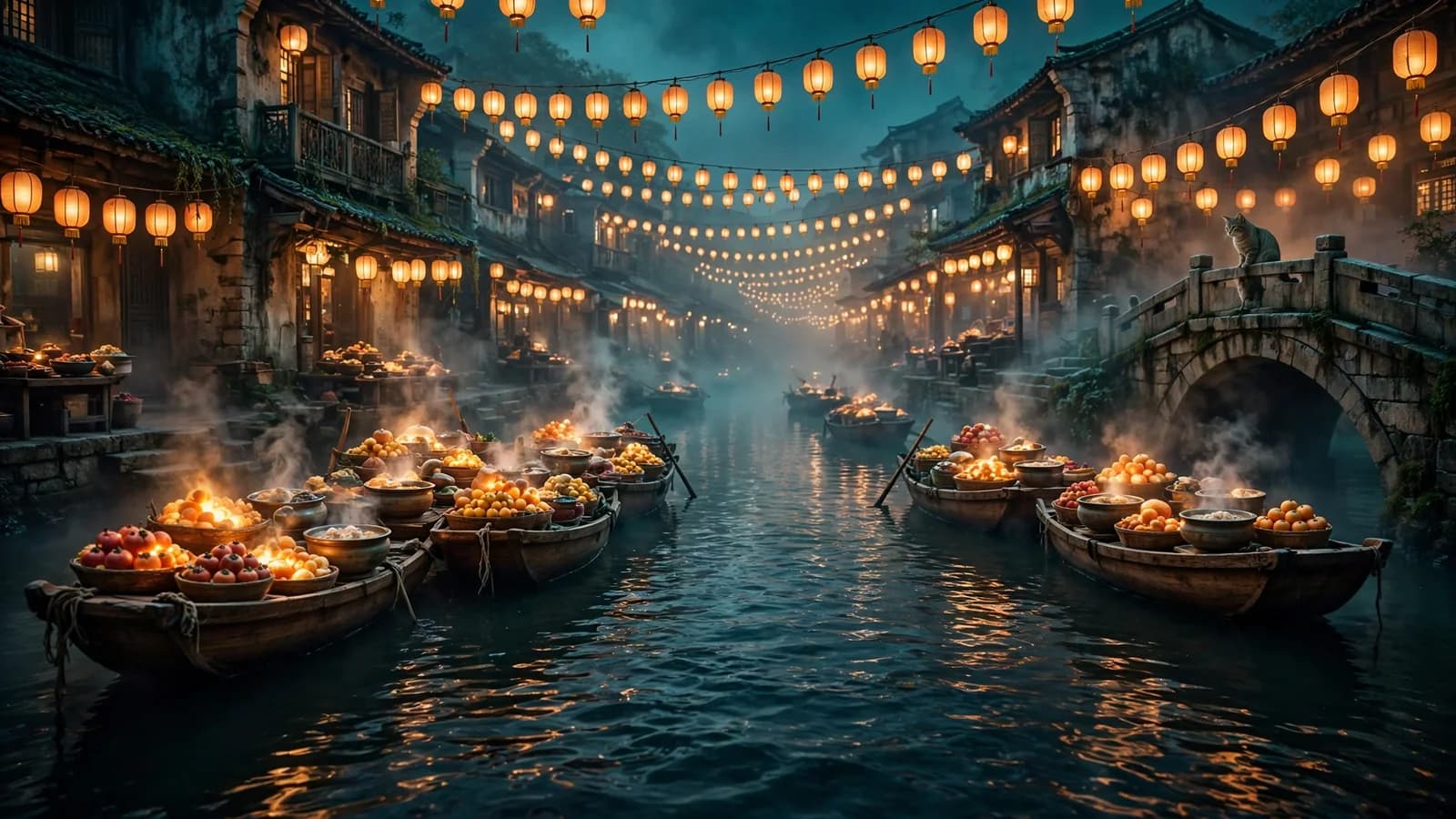 سوق فوانيس عائم على قناة ضبابية ليلًا، مولّد باستخدام ⁦Muse Image⁩