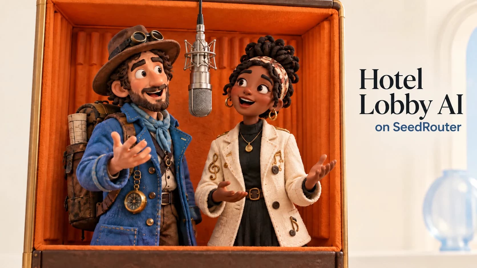 Illustrierte Figuren bei einem Hotel Lobby AI Duett