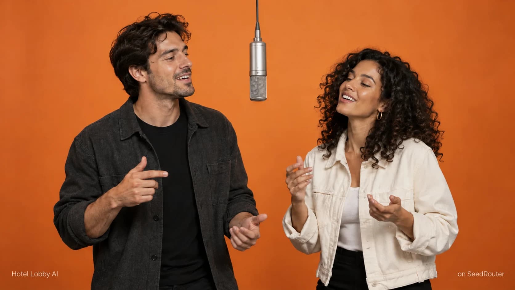 Zwei Figuren teilen ein Mikrofon in einem orangefarbenen Studio