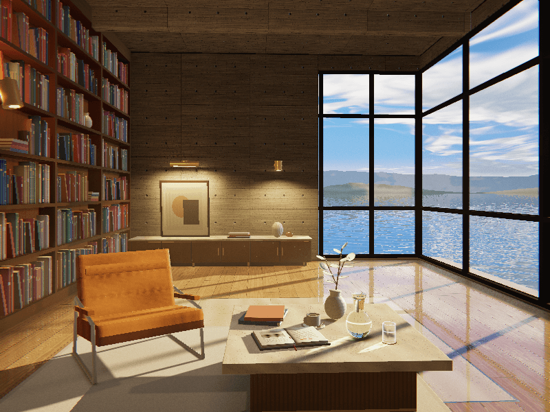 Local Python rendering of the Gemini 4 Argon library scene, with bookshelves, a leather chair, a stone table and sea-facing windows