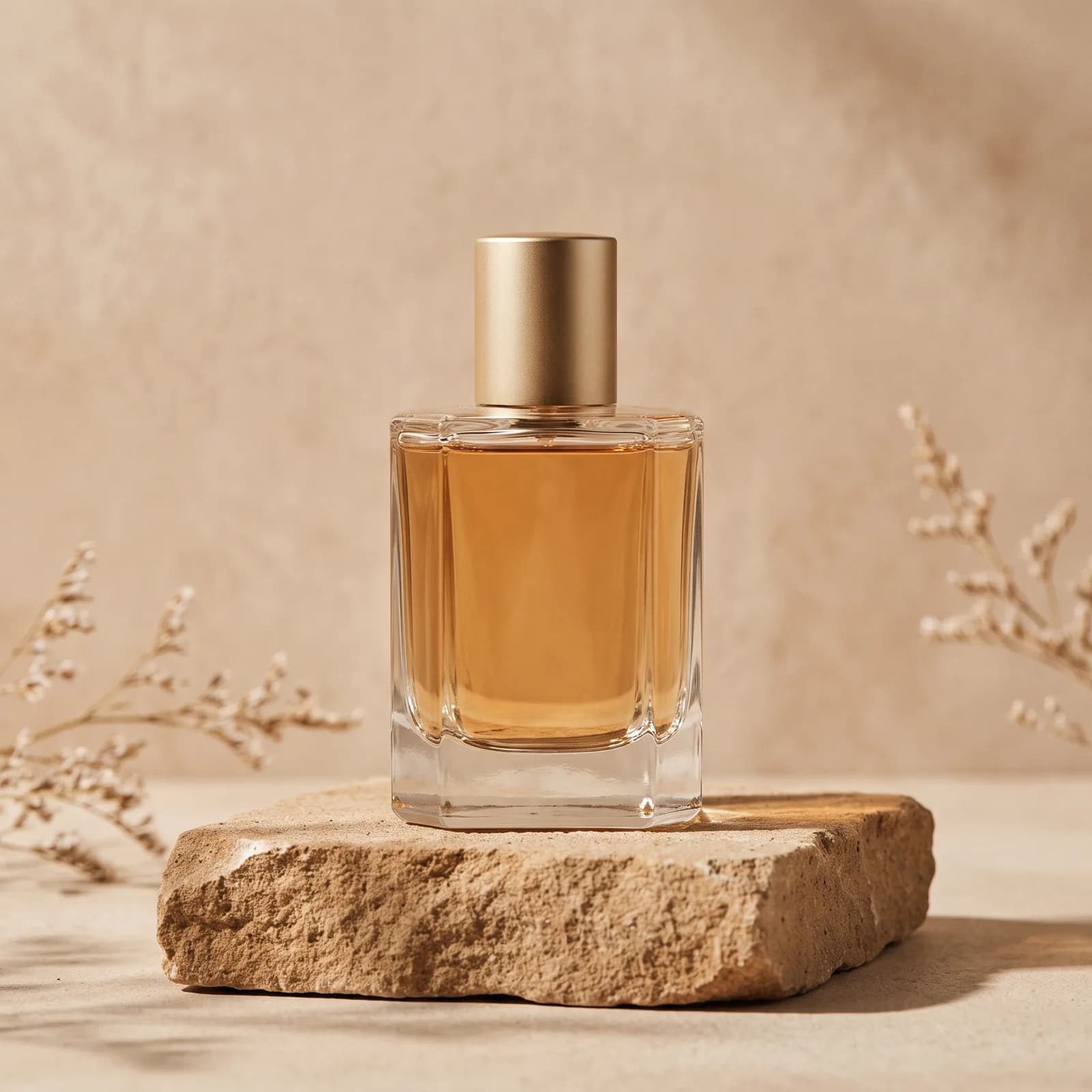 Nano Banana 2.1 en 2K, 1:1: un frasco de perfume sin etiqueta sobre un bloque de arenisca