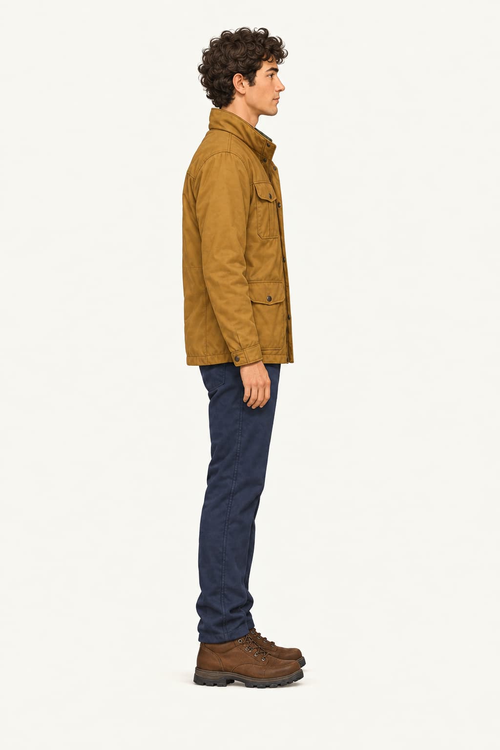 Profilo a figura intera dell’esploratore originale con giacca ocra, pantaloni blu navy e stivali marroni