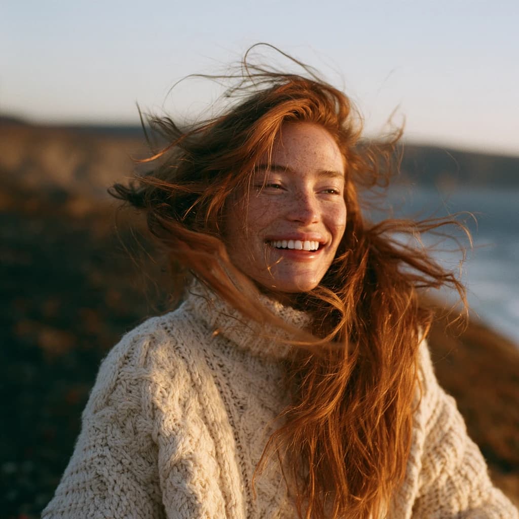 Midjourney V8.2 API output showing a red-haired woman in a cream sweater on a coastal cliff