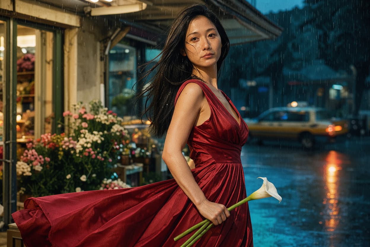Scarlet silk, a white calla lily, and rain-lit streets give this cinematic portrait its visual focus.