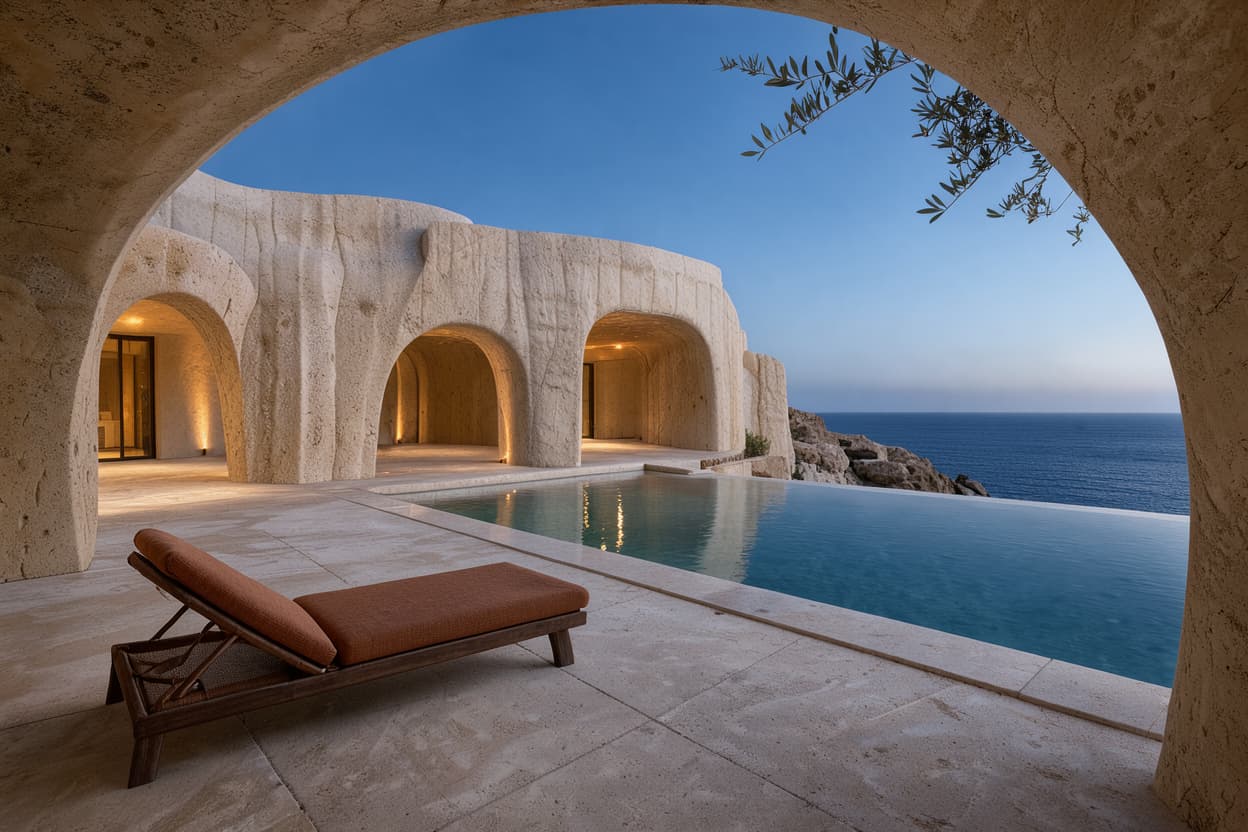 Warm travertine arches frame a cobalt horizon, with reflected light drawing the eye through the cliffside retreat.