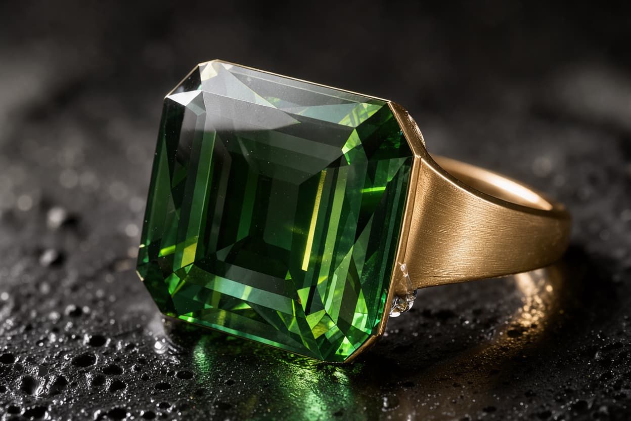 Hard light reveals emerald facets, brushed gold, and wet volcanic stone in a tightly framed jewelry campaign.